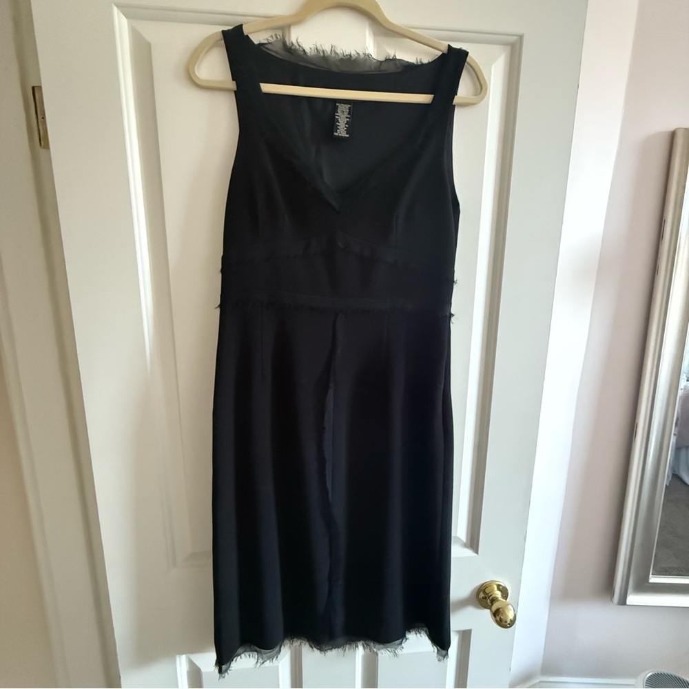 BCBGMaxAzria Black V-Neck Dress with Frayed Trim